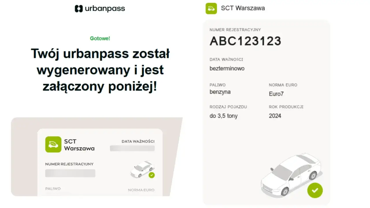Wygenerowany urbanpass SCT Warszawa z danymi pojazdu: numer rejestracyjny, paliwo, norma Euro 7, rok produkcji 2024.