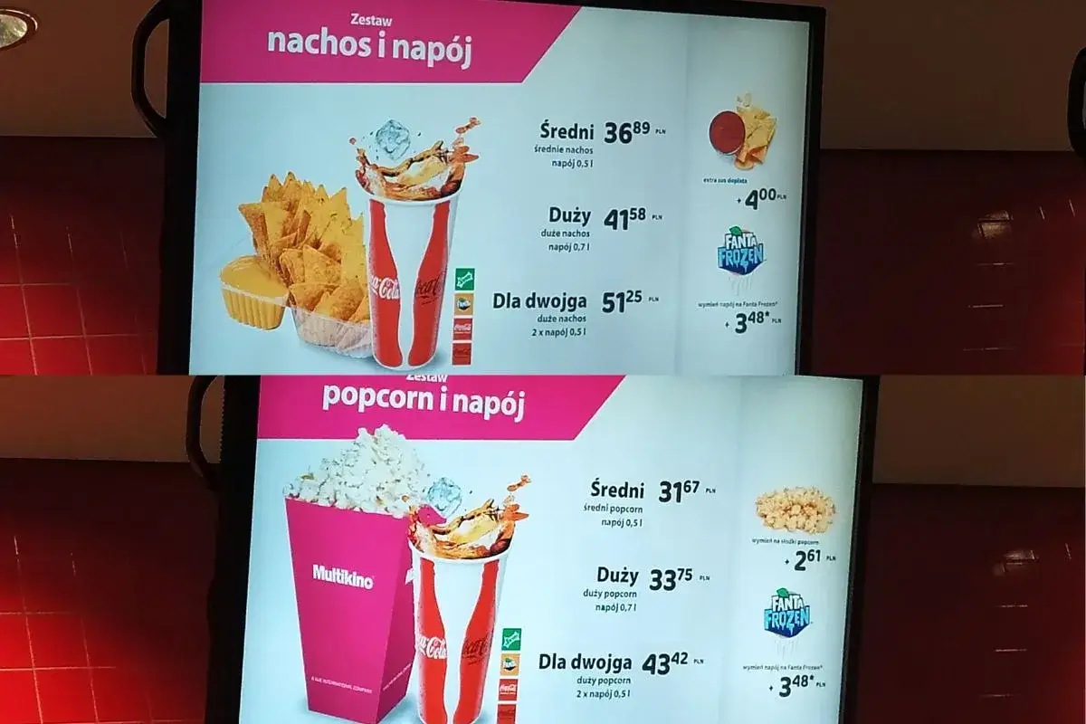 Zestawy z kinowymi przekąskami: nachosy i popcorn z napojami.