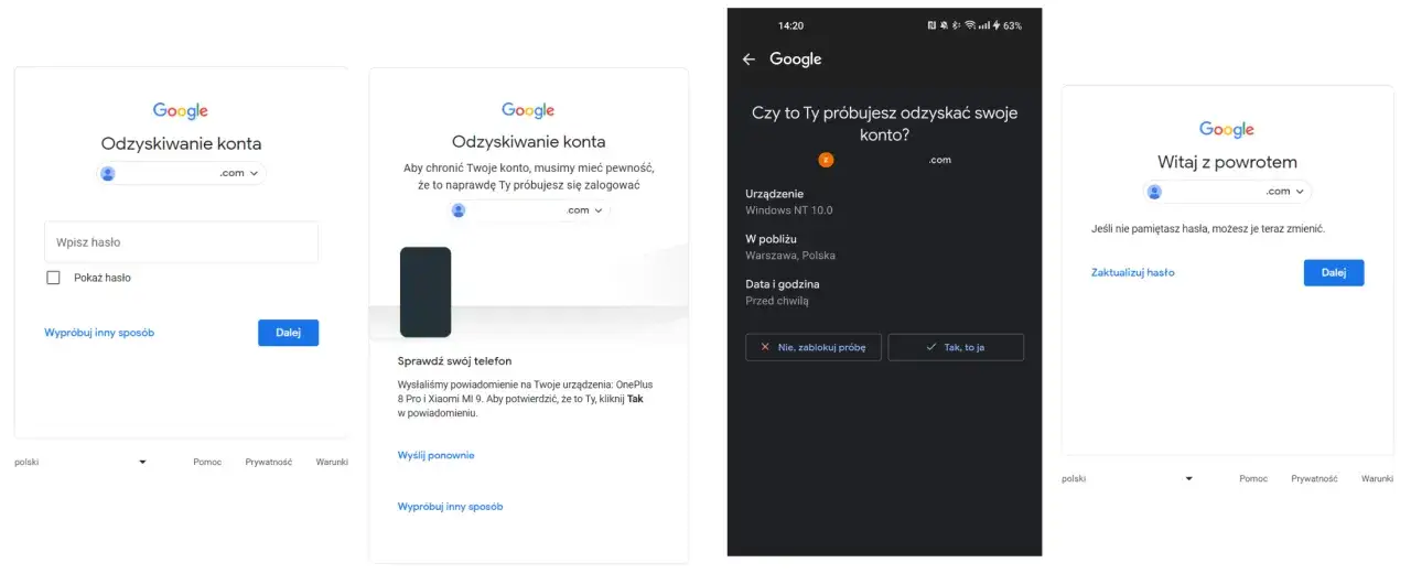Ekran odzyskiwania konta Google: wprowadzanie hasła, weryfikacja urządzenia i zmiana hasła.