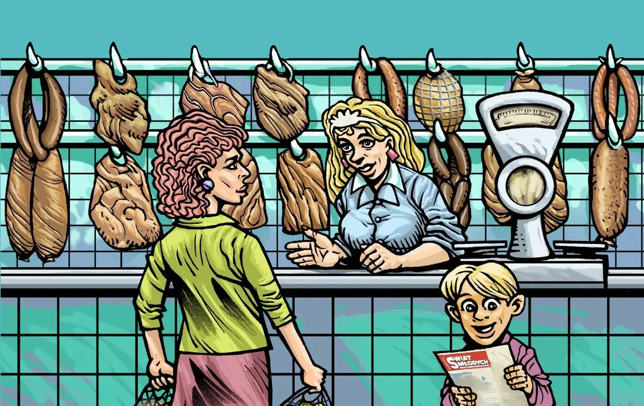 Komiks przedstawia scenę w sklepie mięsnym. Klientka rozmawia ze sprzedawczynią, a chłopiec czyta gazetę "Świat Młodych".