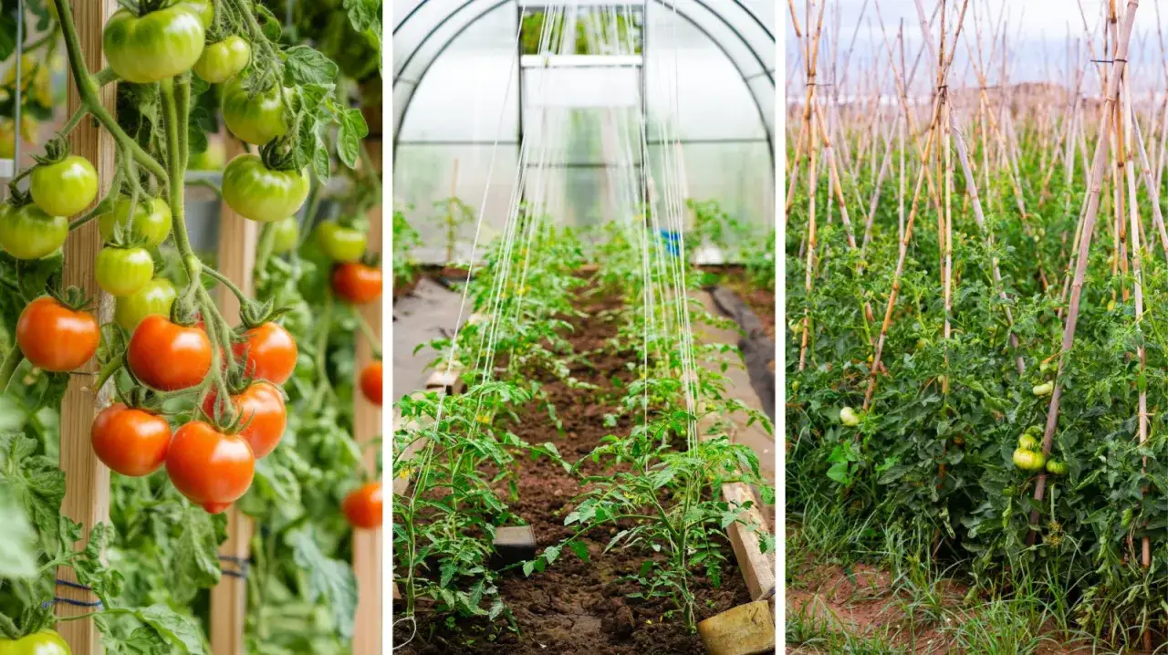 Różne sposoby na to, jak zrobić podpory do pomidorów: drewniane tyczki, sznurki w szklarni i bambusowe tyczki na polu.