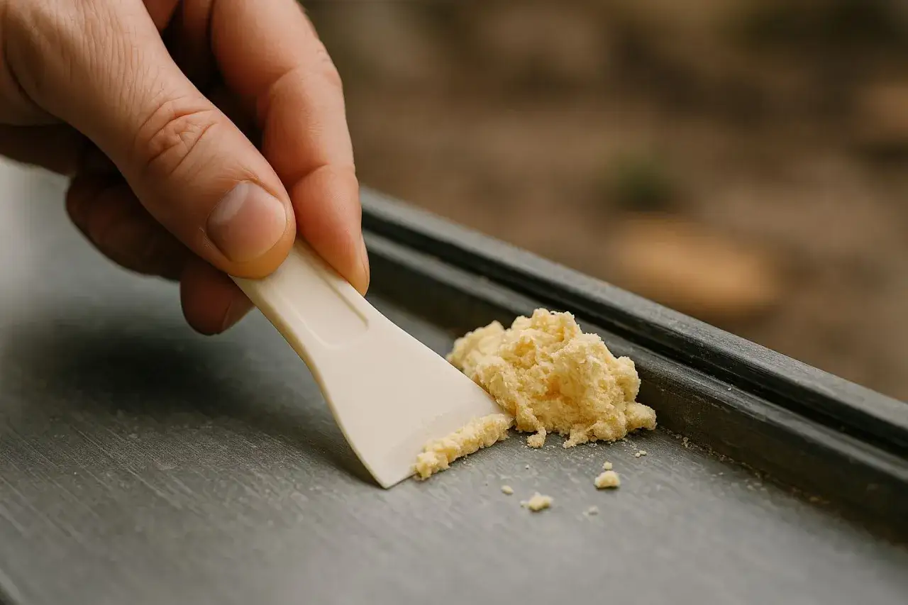 Dłoń z plastikową szpachelką usuwa zaschniętą piankę montażową z ciemnej powierzchni.