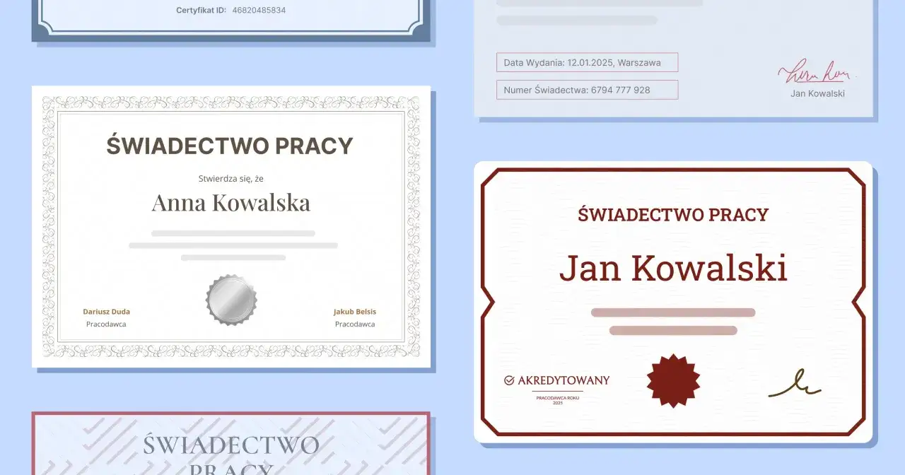 Świadectwo pracy dla Anny Kowalskiej i Jana Kowalskiego. Czy po umowie zlecenie jest świadectwo pracy? Dokumenty potwierdzają zatrudnienie.