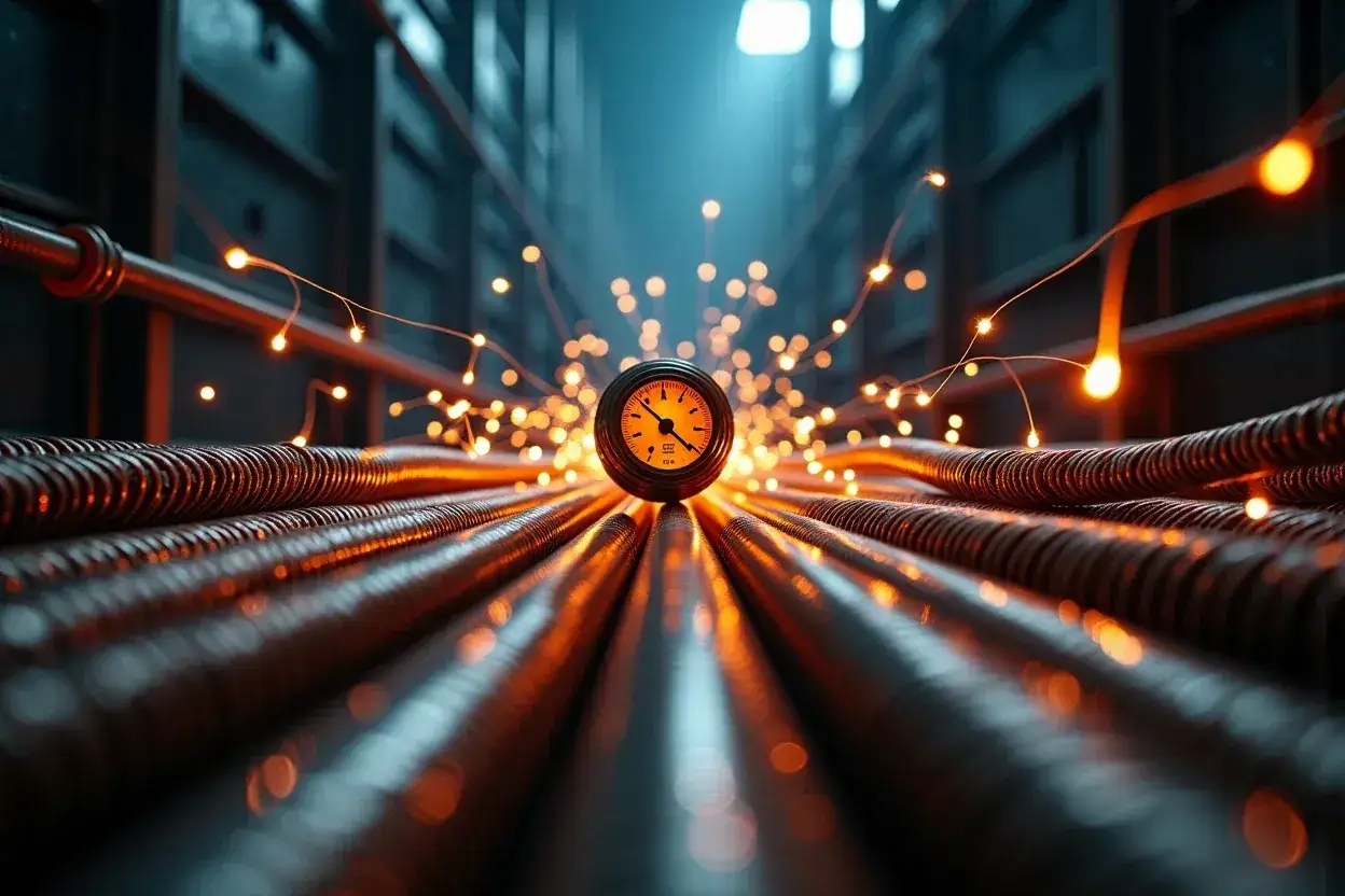 Oświetlony manometr pośród rur i iskier. To wizualizacja projektu OZE, gdzie energia jest na wyciągnięcie ręki.