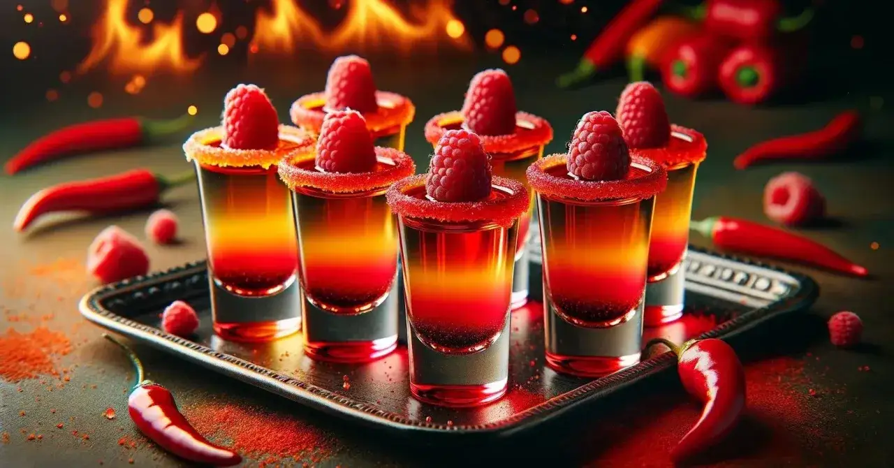 Ogniste shoty z malinami i chili. Ten drink z sokiem malinowym kusi ogniem i słodyczą.