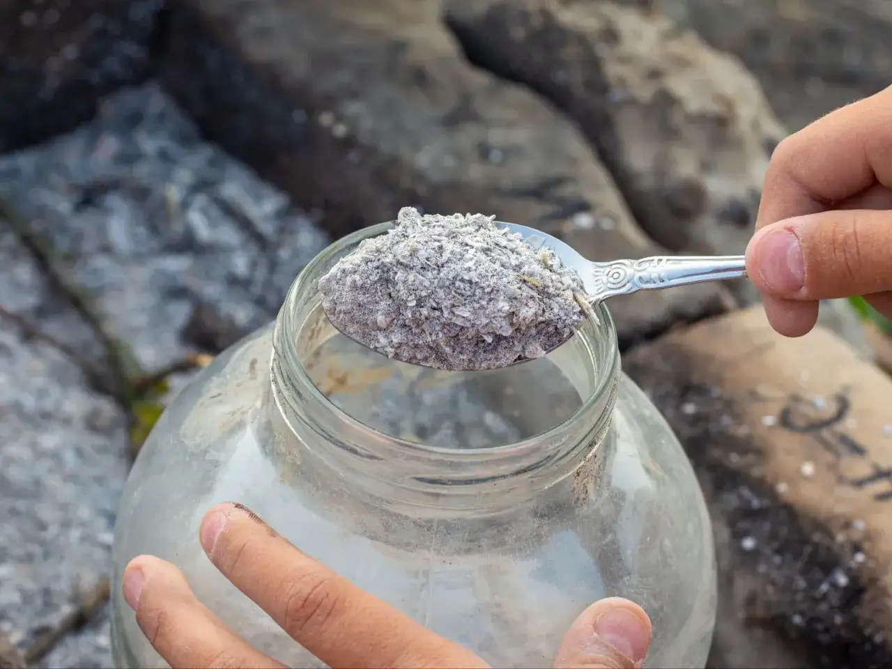 Łyżka z popiołem nad słoikiem. Czy popiół jest dobrym nawozem? Warto sprawdzić, dodając go do gleby.