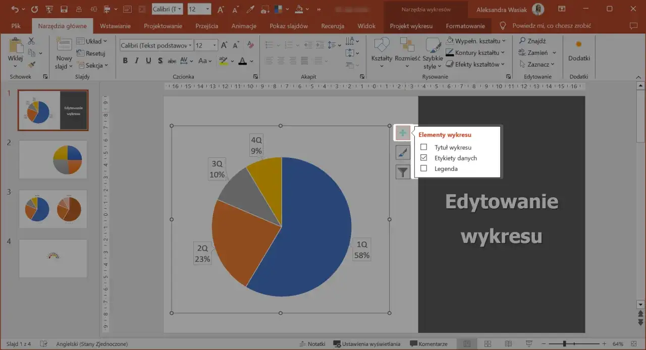 Edytowanie wykresu kołowego w programie PowerPoint. Możesz dodać tytuł, etykiety danych lub legendę, aby lepiej zrozumieć, jak wstawić wykres w Wordzie.