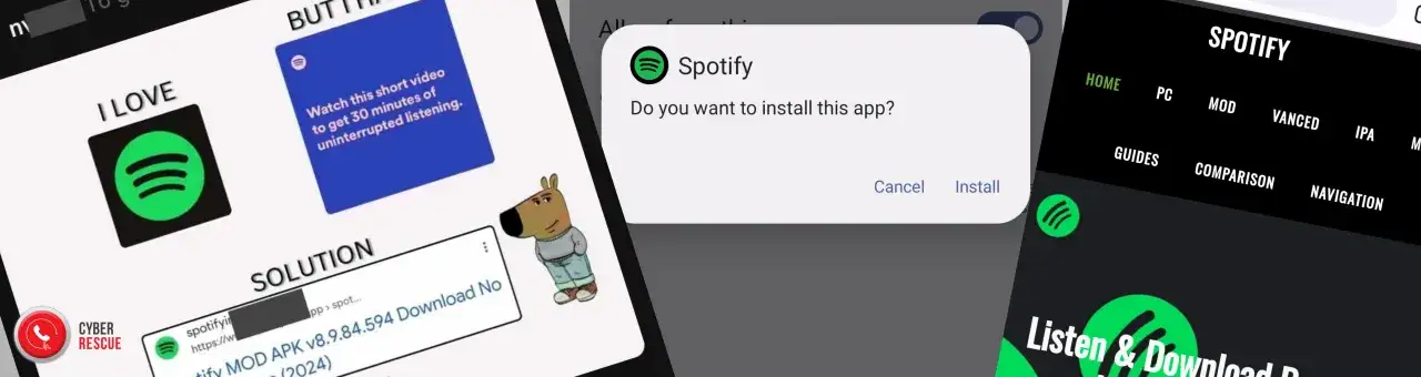Ekran telefonu z logo Spotify, komunikatem o instalacji aplikacji i fragmentami stron internetowych.