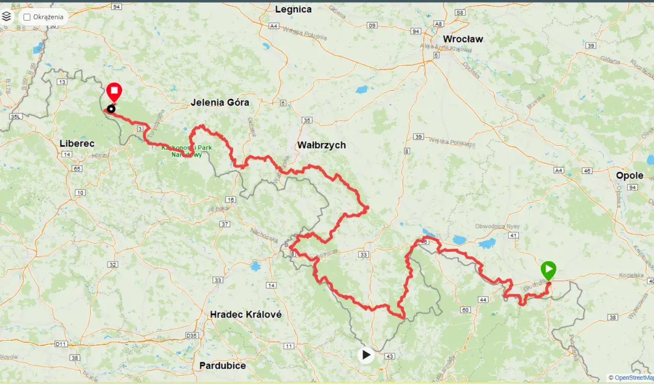 Mapa szlaku z zaznaczonymi punktami. Główny szlak sudecki ile dni zajmuje przejście? Trasa prowadzi przez Karkonosze, Wałbrzych, Opole.