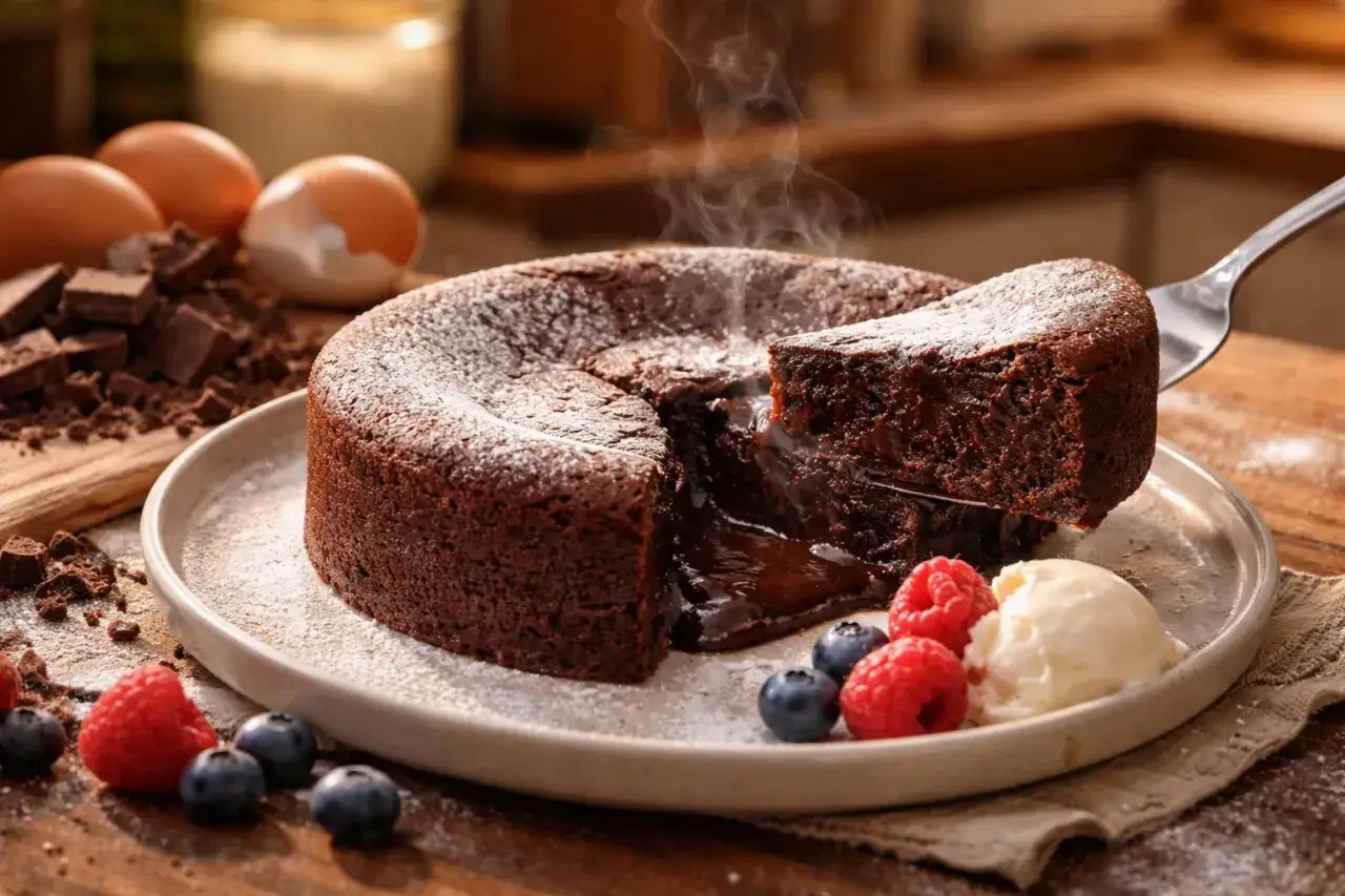 Gorący, czekoladowy deser w 5 minut z płynnym środkiem, podany z lodami i owocami.