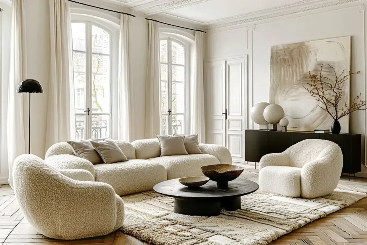 Przytulny, **modern classic salon** z puszystymi meblami, okrągłym stolikiem i sztuką abstrakcyjną.