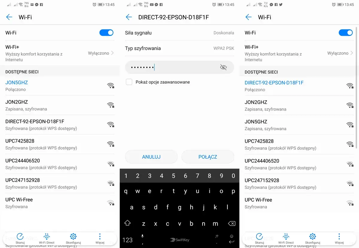 Ekran telefonu pokazuje kroki, jak połączyć drukarkę HP z telefonem przez Bluetooth, wybierając sieć Wi-Fi i wpisując hasło.