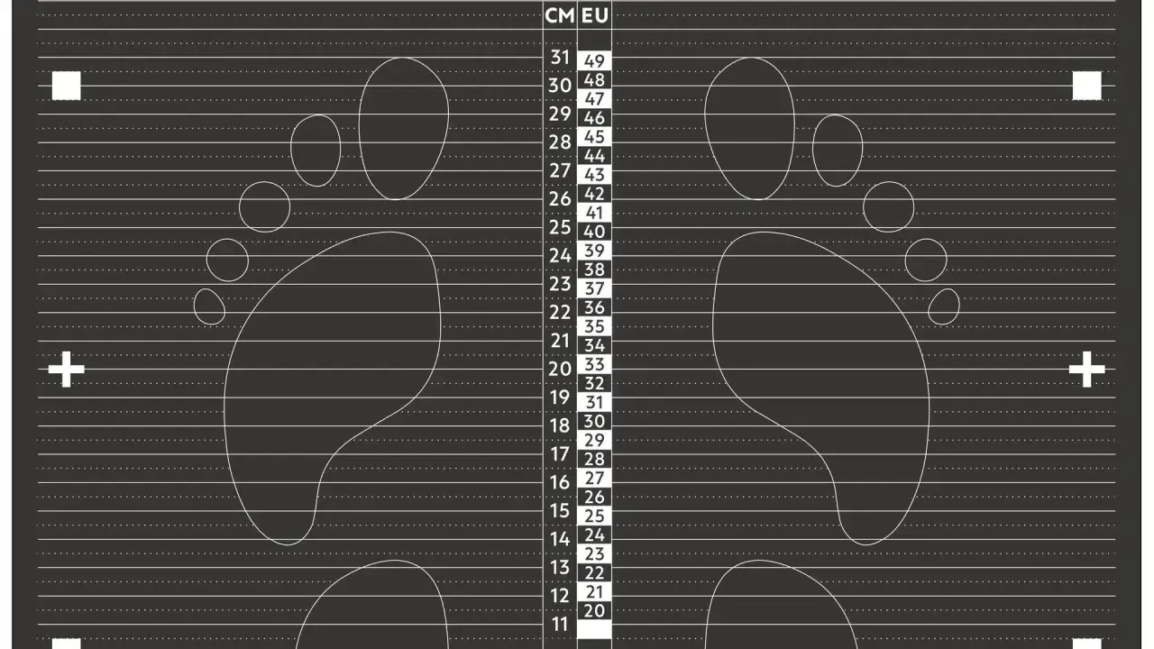 Tabela rozmiarów obuwia z zaznaczonymi śladami stóp. Sprawdź, ile cm ma stopa i dobierz odpowiedni rozmiar.