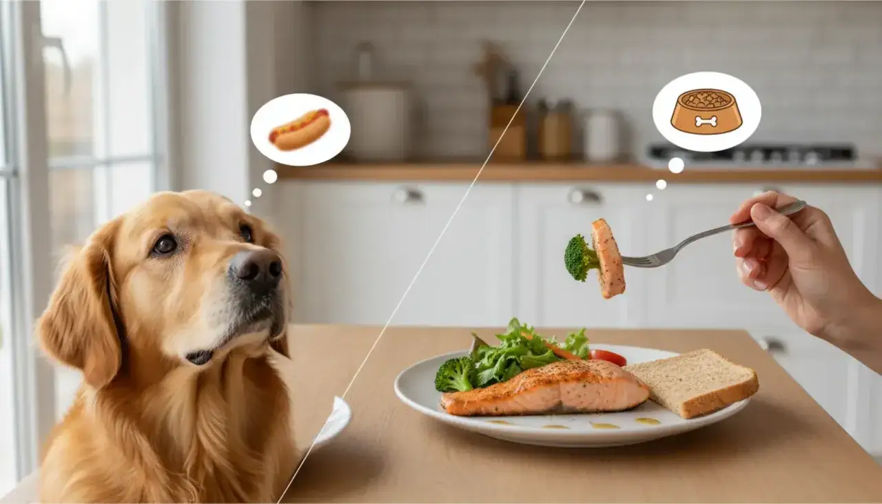 Golden retriever marzy o parówce, ale wie, czego nie może jeść pies – zdrowy łosoś z brokułami czeka na talerzu.