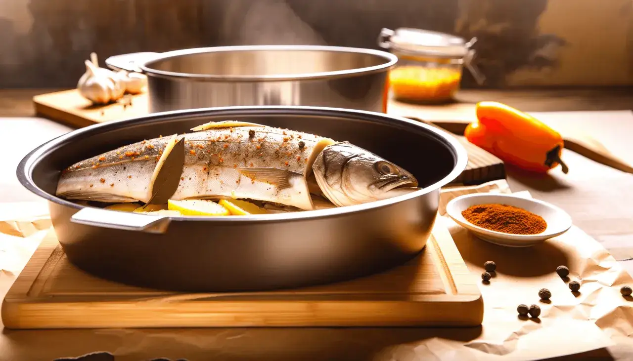 Cała ryba z cytryną i przyprawami w naczyniu, gotowa do gotowania na parze. Dowiedz się, ile gotować rybę na parze, by była idealna.