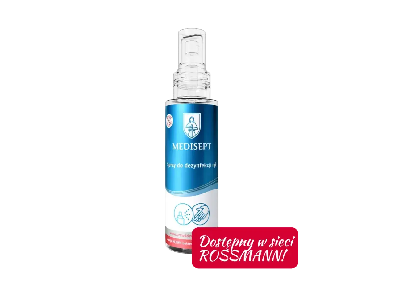 Butelka sprayu do dezynfekcji rąk MEDISEPT z napisem "Dostępny w sieci ROSSMANN!".