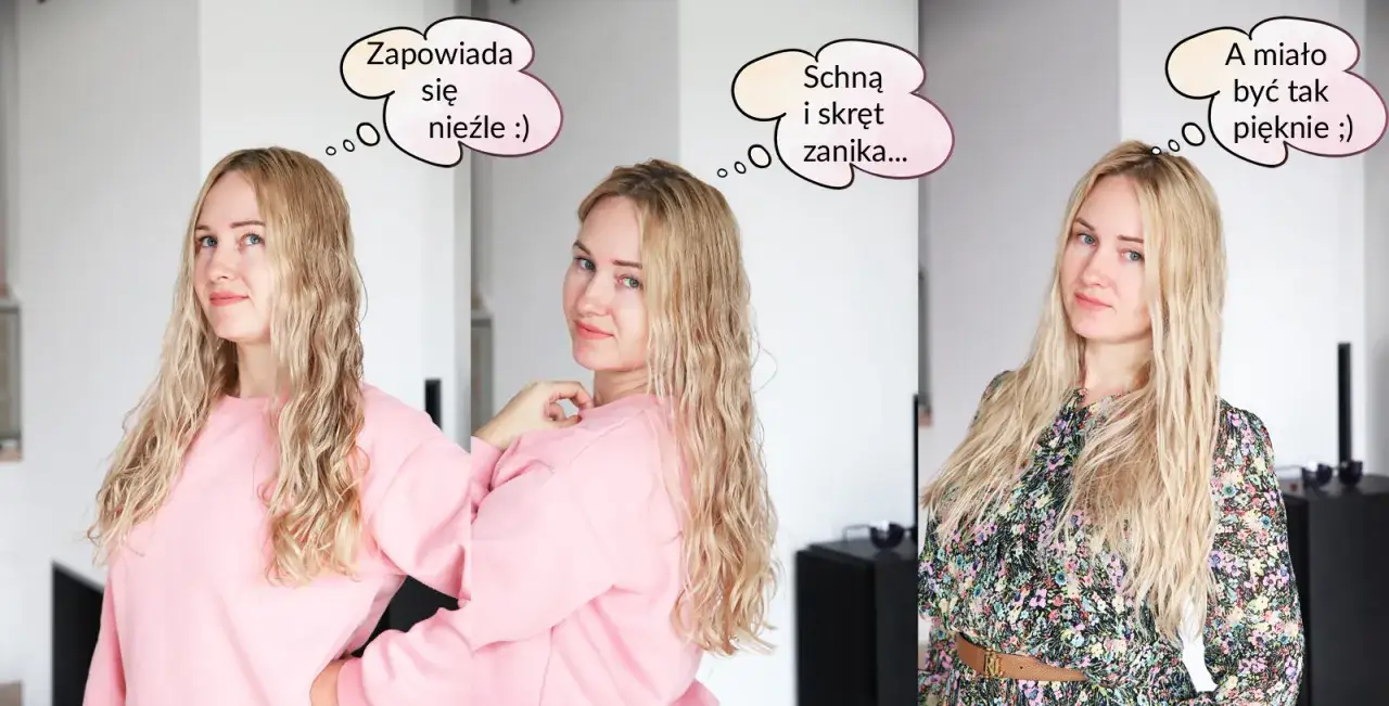 Kobieta z blond włosami pokazuje, jak wydobyć skręt z prostych włosów. Początkowo włosy są lekko pofalowane, ale po wyschnięciu stają się proste.