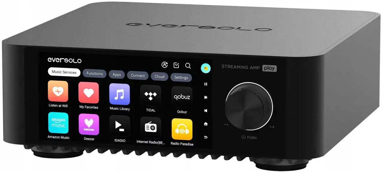 Szary wzmacniacz Eversolo z ekranem dotykowym wyświetlającym ikony serwisów muzycznych, w tym TIDAL.