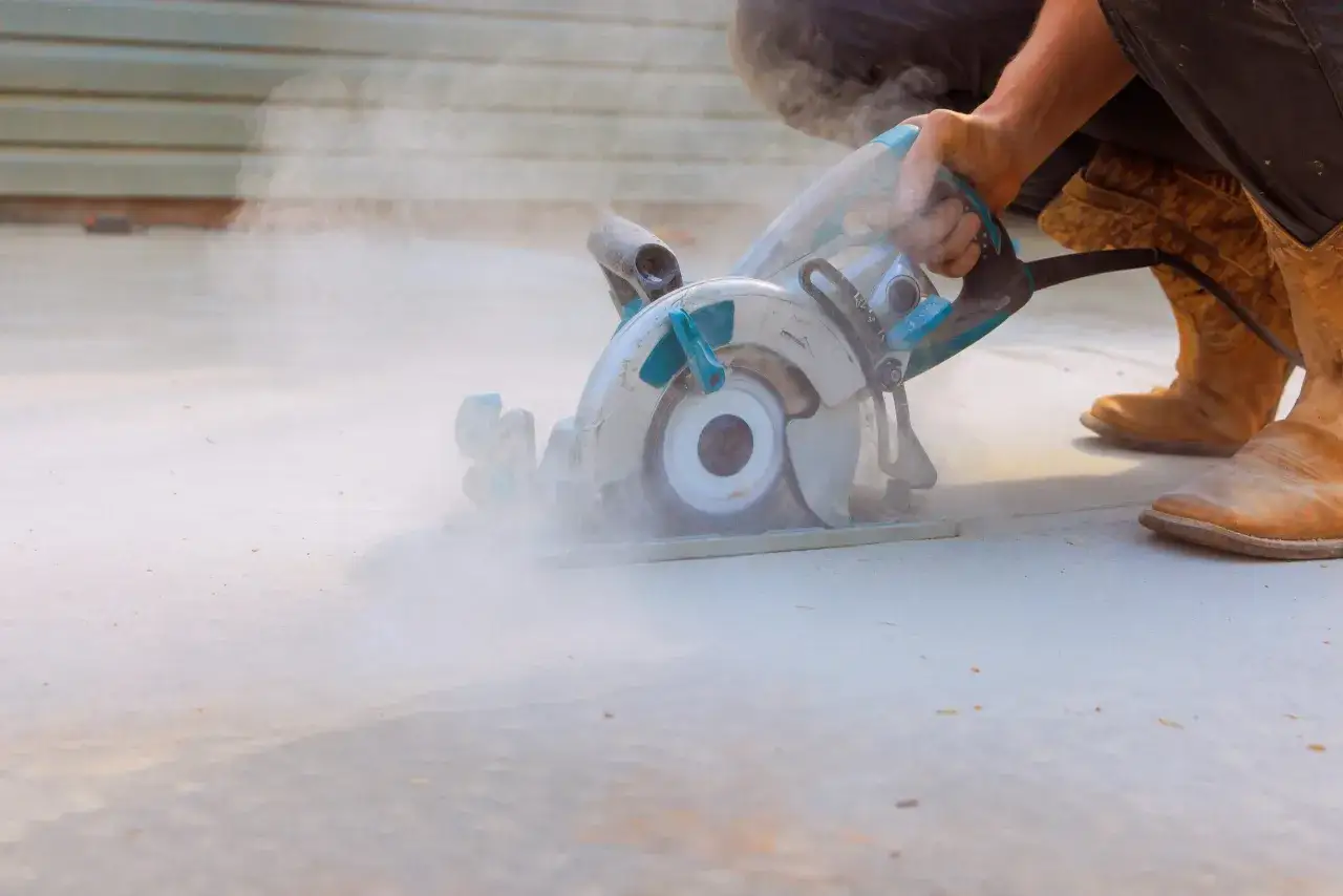 Cięcie betonu piłą, tworząc pył. To pokazuje, jak powstają szczeliny dylatacyjne, zapobiegające pękaniu.
