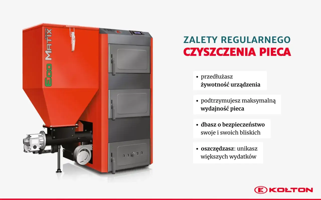 Czerwony piec na ekogroszek z zasobnikiem paliwa i drzwiczkami.