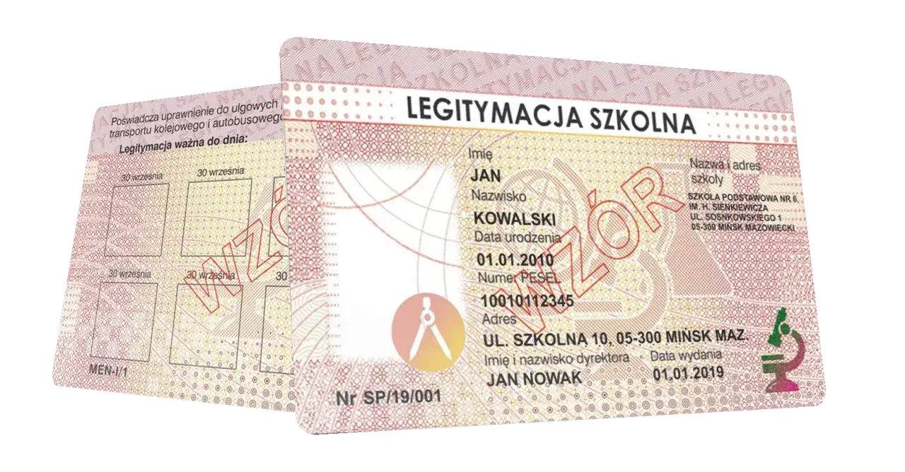 Legitymacja szkolna Jana Kowalskiego, nr SP/19/001, MEN-I/1. Widoczna seria i numer legitymacji szkolnej.