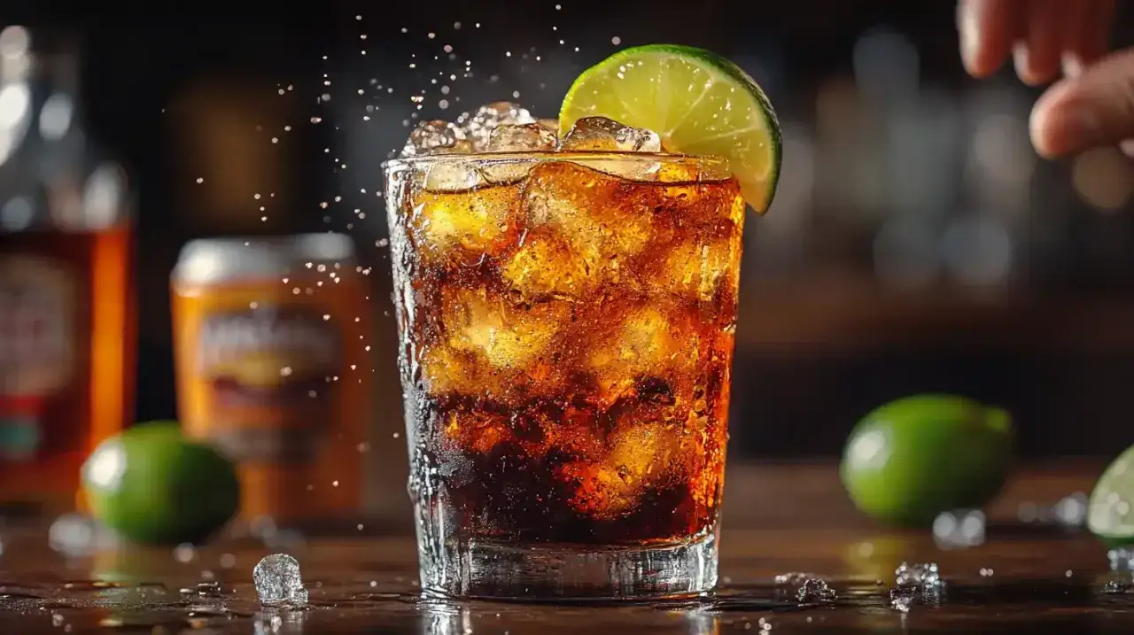 Szklanka z Cuba Libre, lodem i plasterkiem limonki, w tle butelka i puszka.