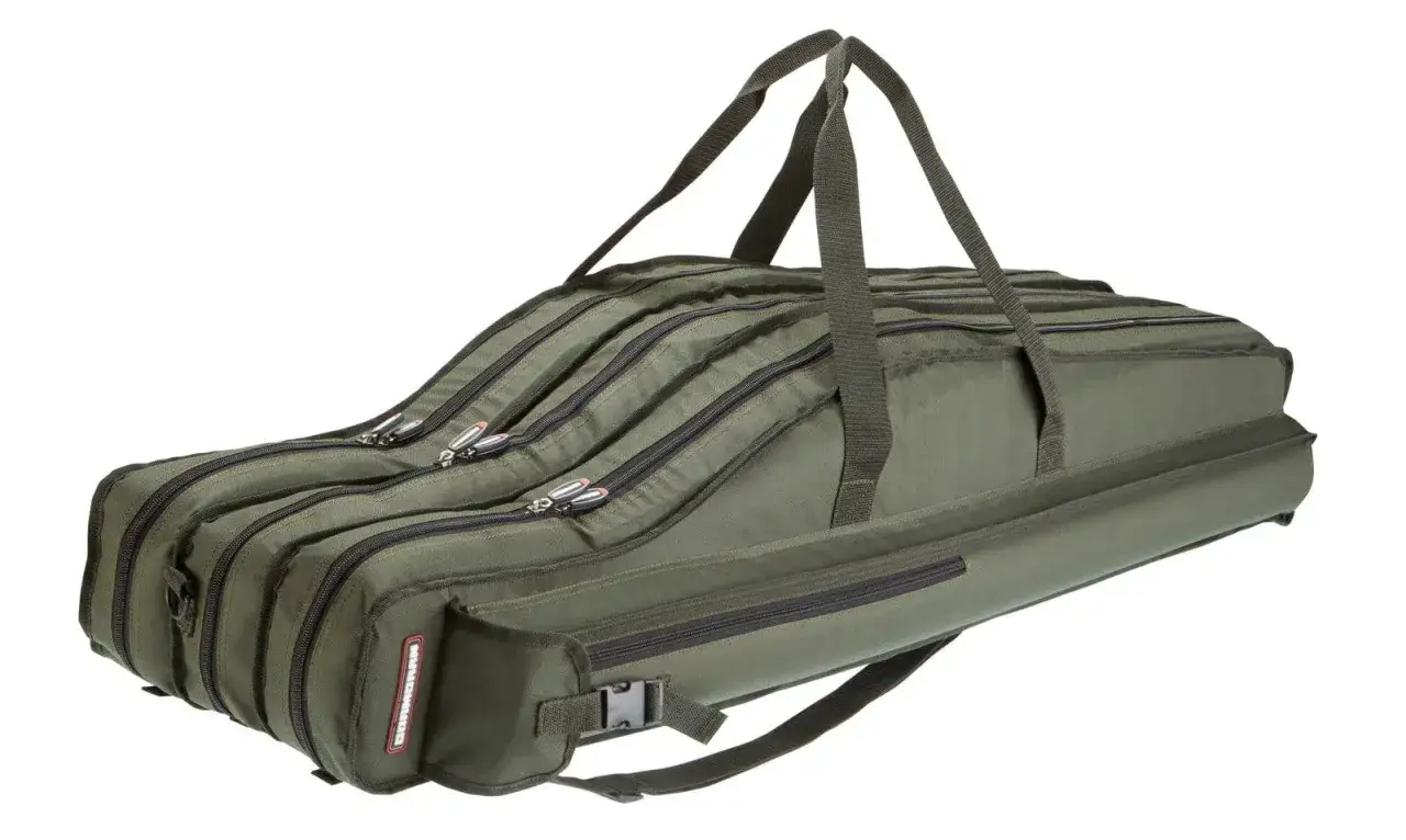 Zielony, wielokomorowy pokrowiec na wędki z uchwytami i zamkami błyskawicznymi. Idealny, jaki pokrowiec na wędki dla każdego wędkarza.