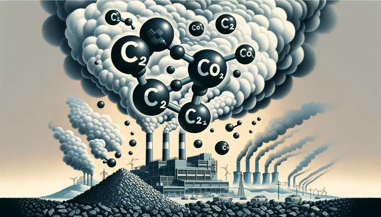 Molekuły CO2 unoszą się nad fabryką spalającą węgiel. Obraz ilustruje, ile CO2 powstaje z tony węgla.