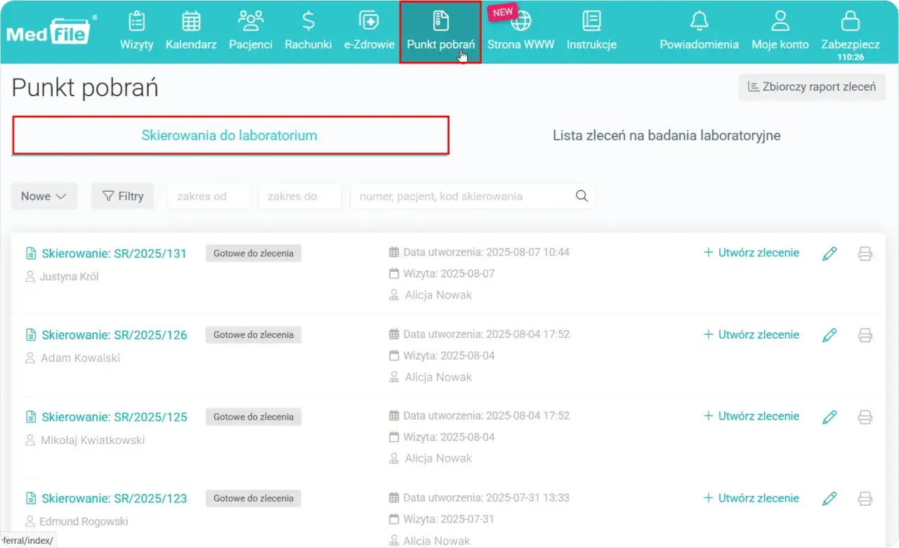 Ekran "Punkt pobrań" w systemie MedFile. Widoczne skierowania do laboratorium, lista zleceń badań, filtry i opcje zarządzania.