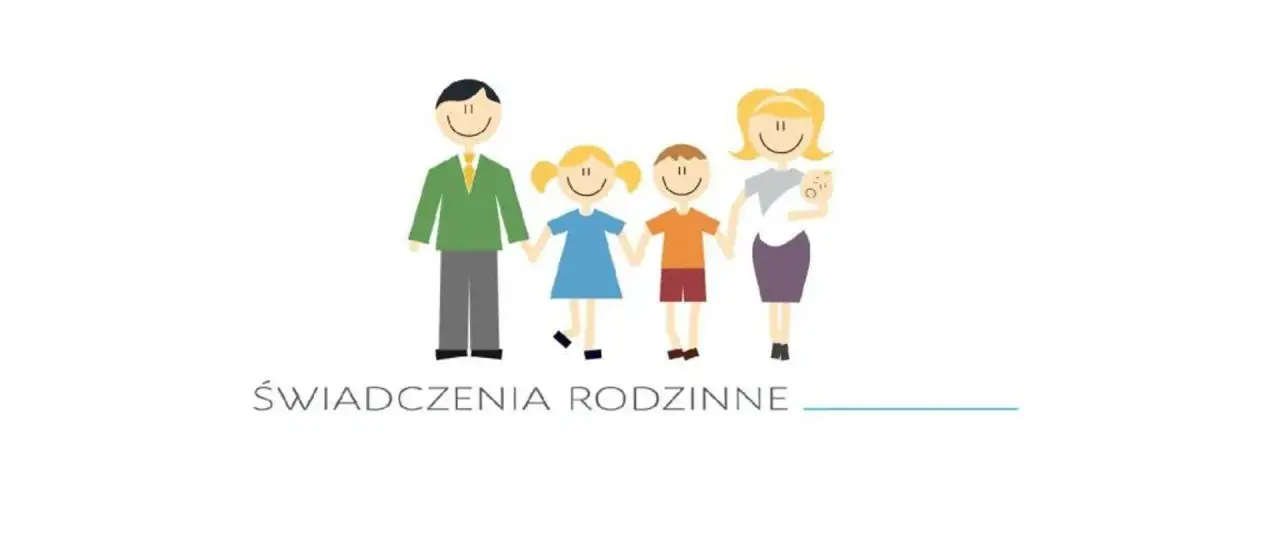 Ilustracja rodziny z dziećmi i niemowlęciem, z napisem "ŚWIADCZENIA RODZINNE".