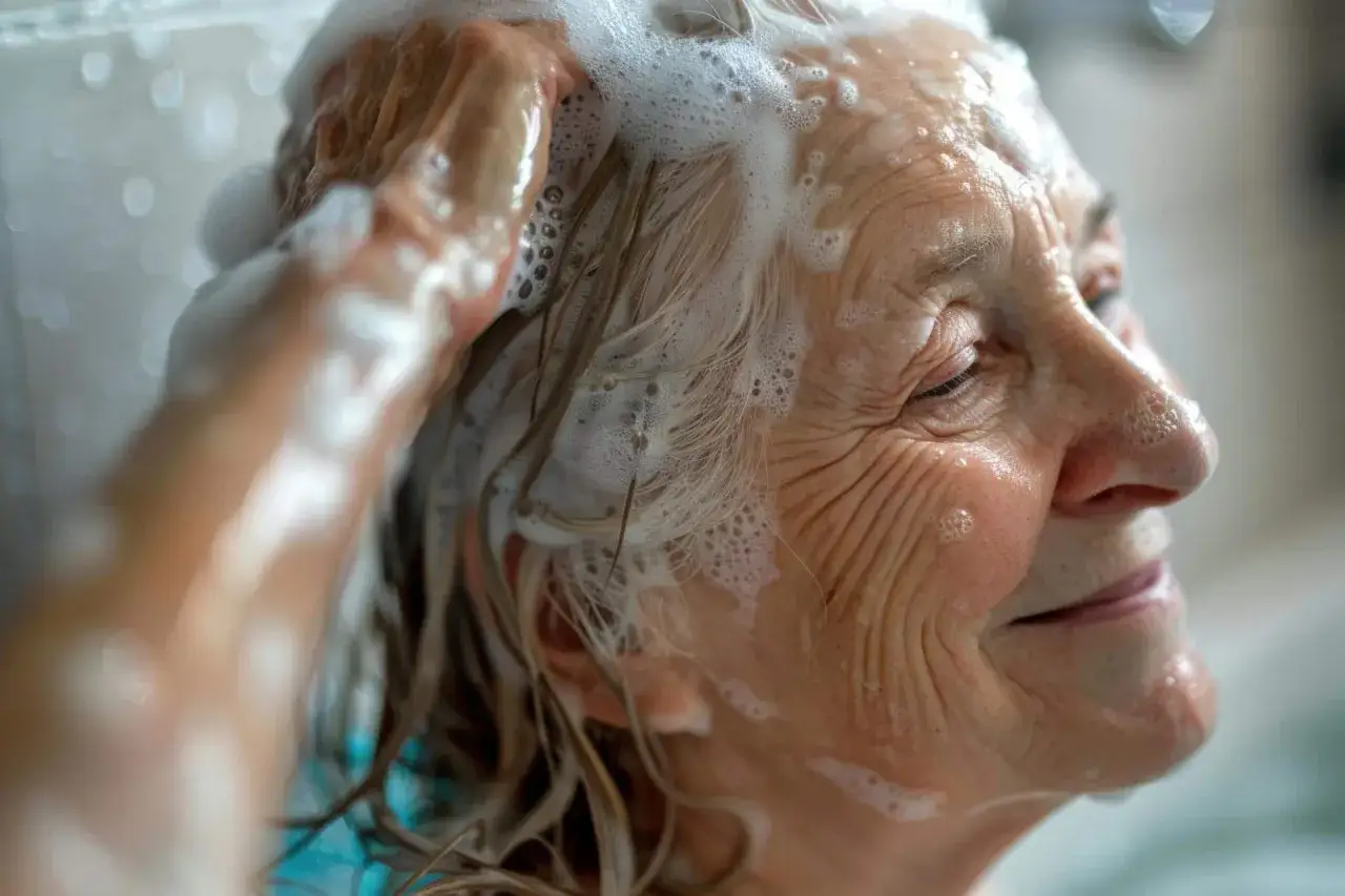 Delikatne mycie włosów starszej osoby. Czuła dłoń w pianie szamponu.
