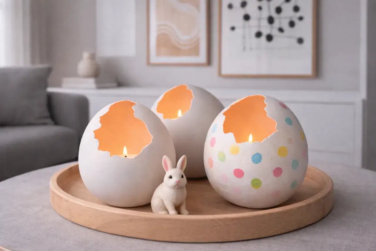 Wielkanocne świeczniki z gipsu w kształcie pękniętych jajek, z palącymi się w środku świecami. Obok siedzi mały, biały króliczek. Ciekawe rzeczy z gipsu.