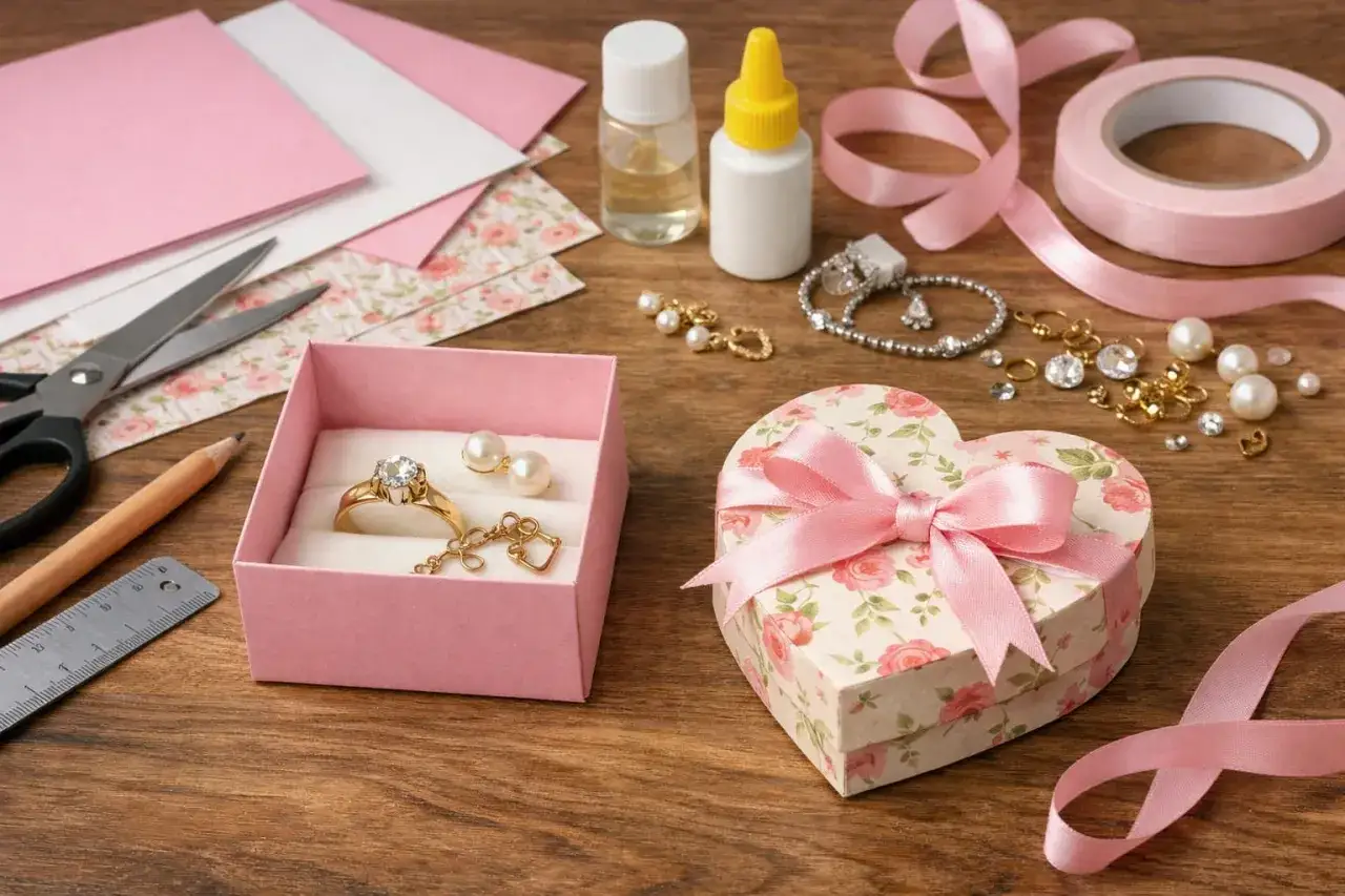 Różowe pudełko na biżuterię w kształcie serca, materiały do rękodzieła i biżuteria.