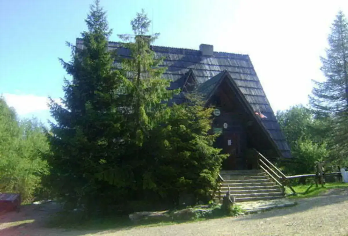 Drewniana bacówka mała Rawka z kamiennymi schodami i sosnami w otoczeniu zieleni.