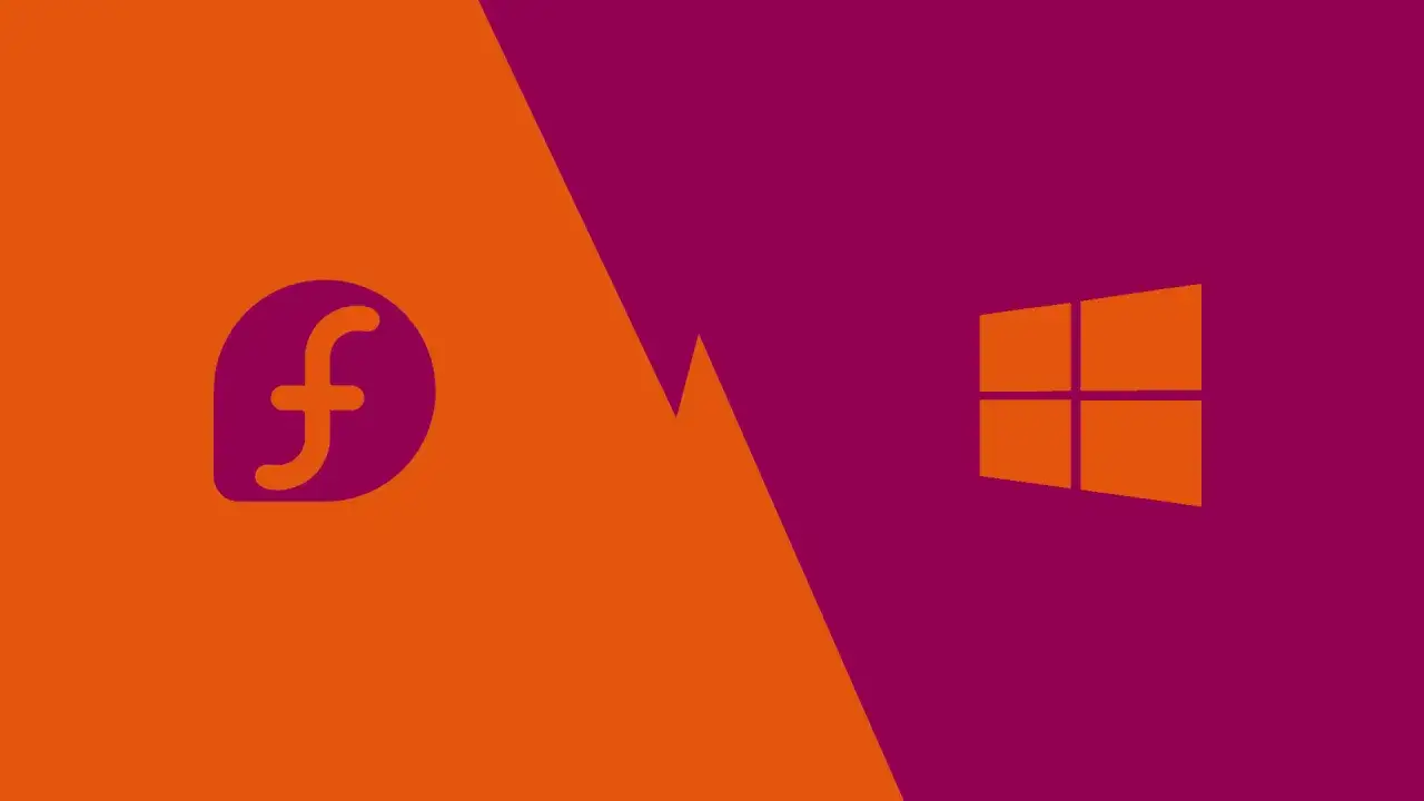 Logo Fedora i Windows na tle podzielonym na pomarańczowy i fioletowy.