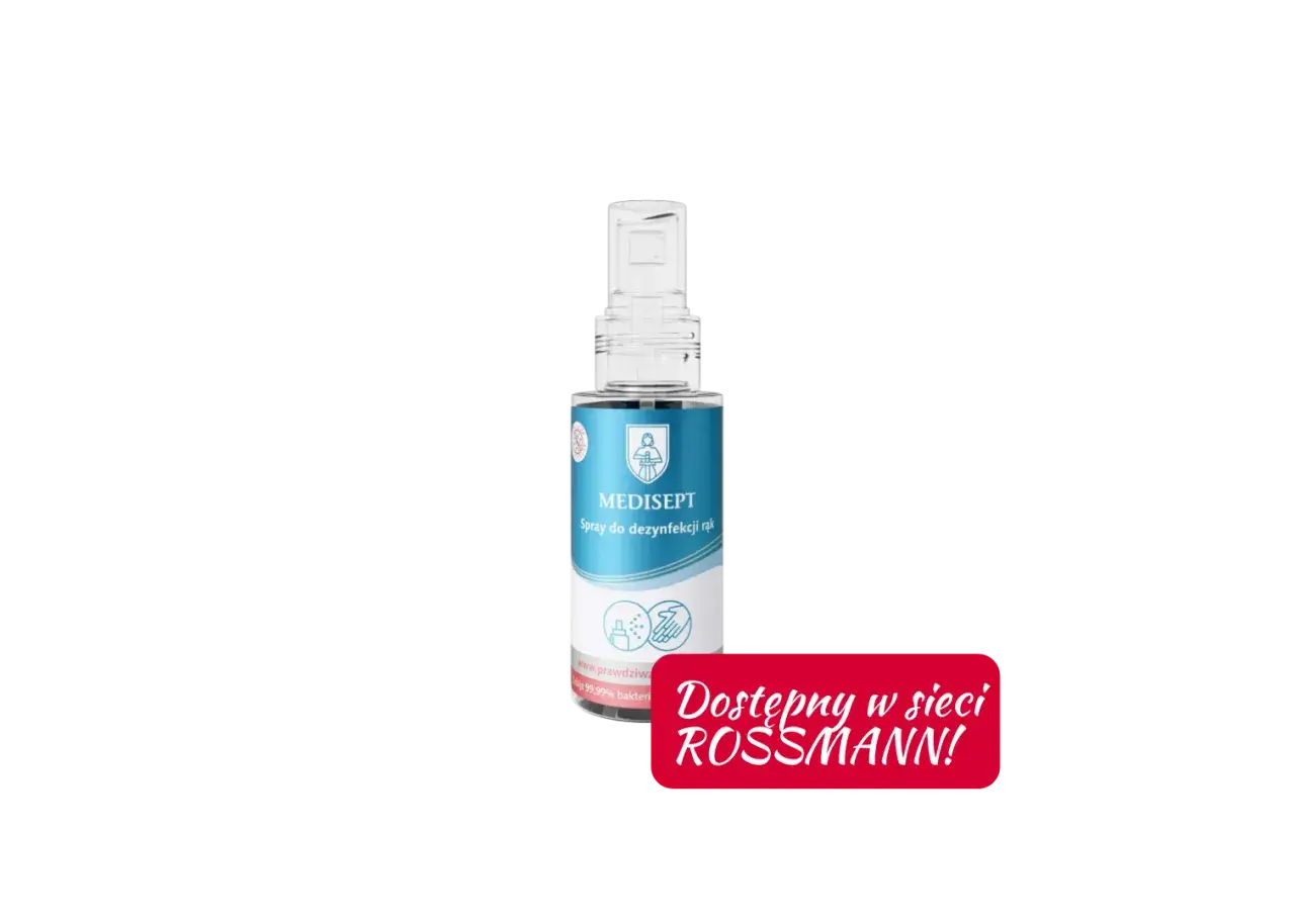 Butelka sprayu do dezynfekcji rąk MEDISEPT z napisem "Dostępny w sieci ROSSMANN!".
