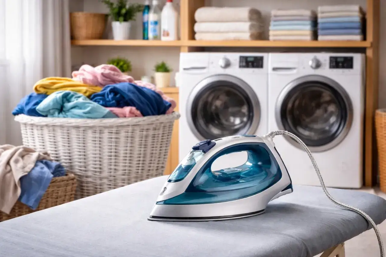 Żelazko na desce do prasowania, w tle pralki i kosz z praniem.