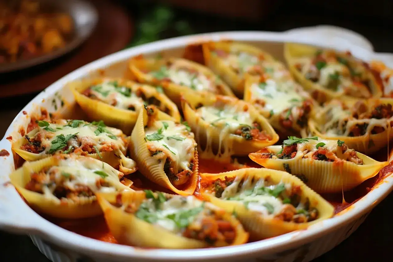 Zapiekane muszle makaronowe conchiglioni z mięsem i serem, posypane natką pietruszki.