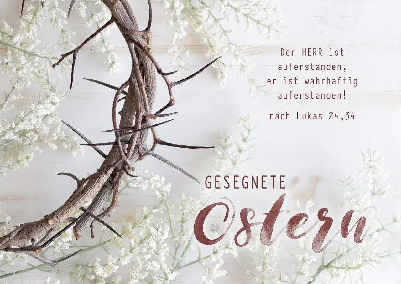 Dornenkrone mit weißen Blüten und Ostergruß.