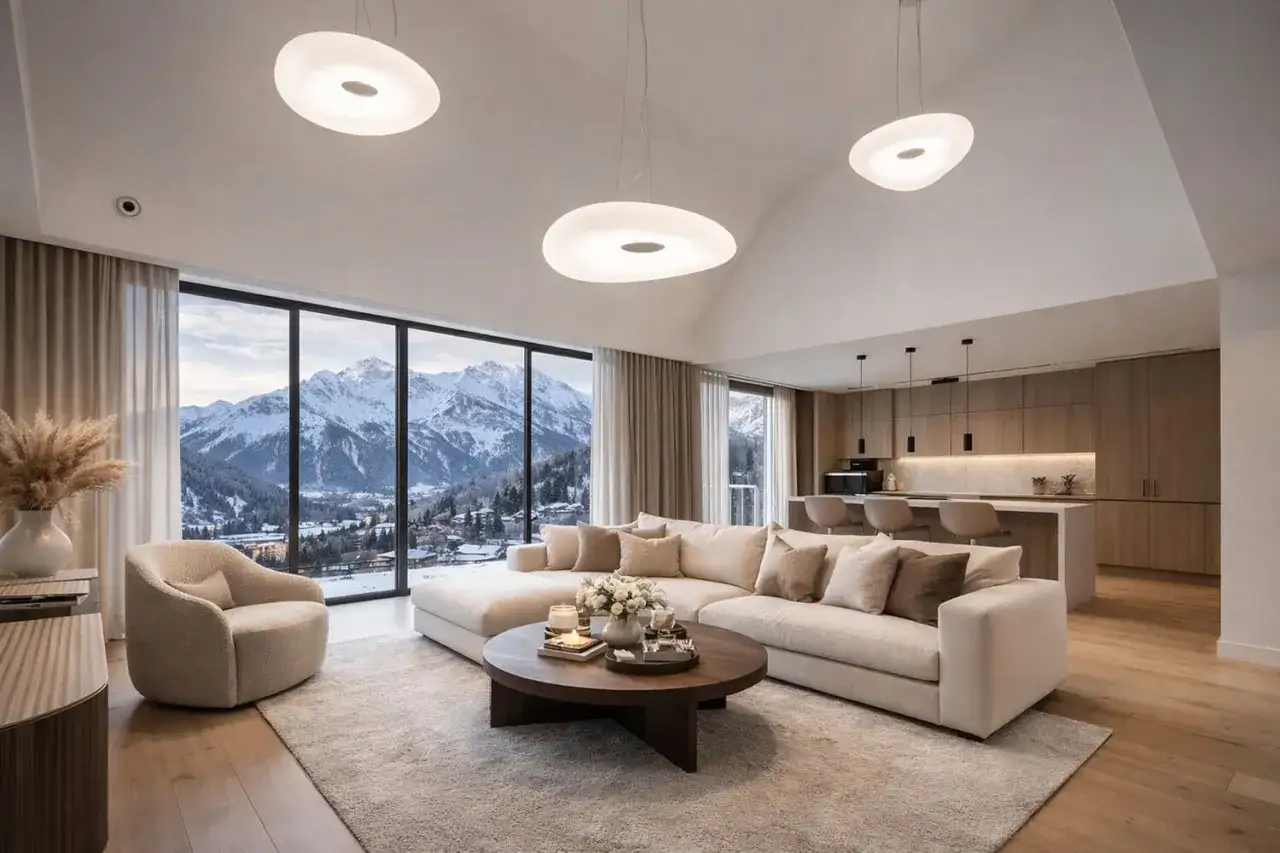 Nowoczesny salon z widokiem na góry, oświetlony dyskretnymi lampami ledowymi na suficie.