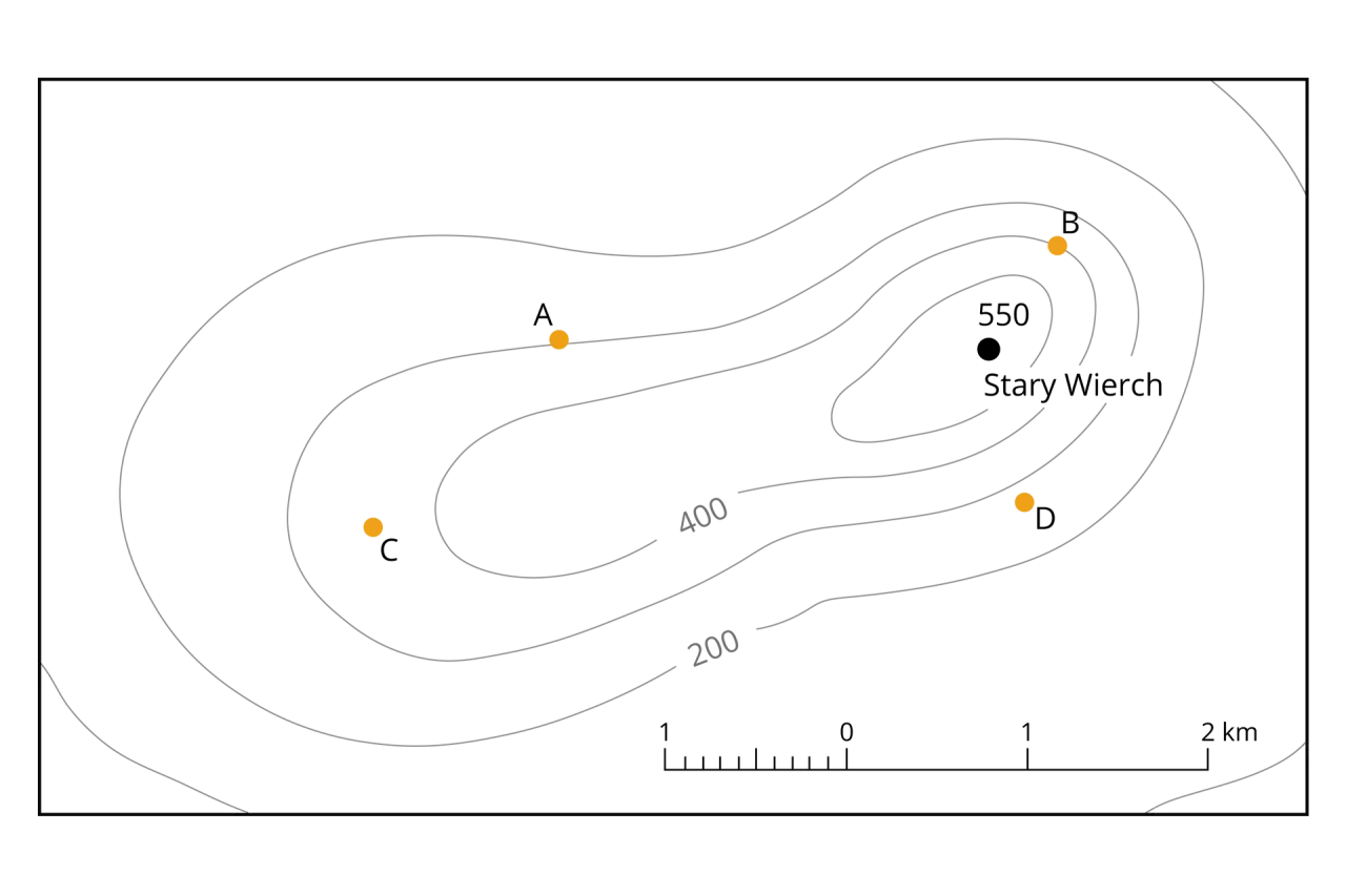 Mapa z zaznaczonymi punktami A, B, C, D i szczytem "Stary Wierzch" na tle poziomic.