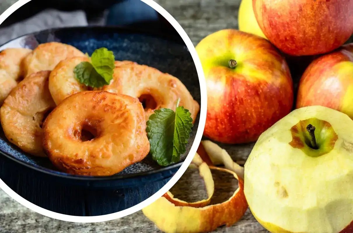 Usmażone krążki jabłek na talerzu i świeże jabłka obok. Idealny pomysł, co zrobić z jabłek fit.