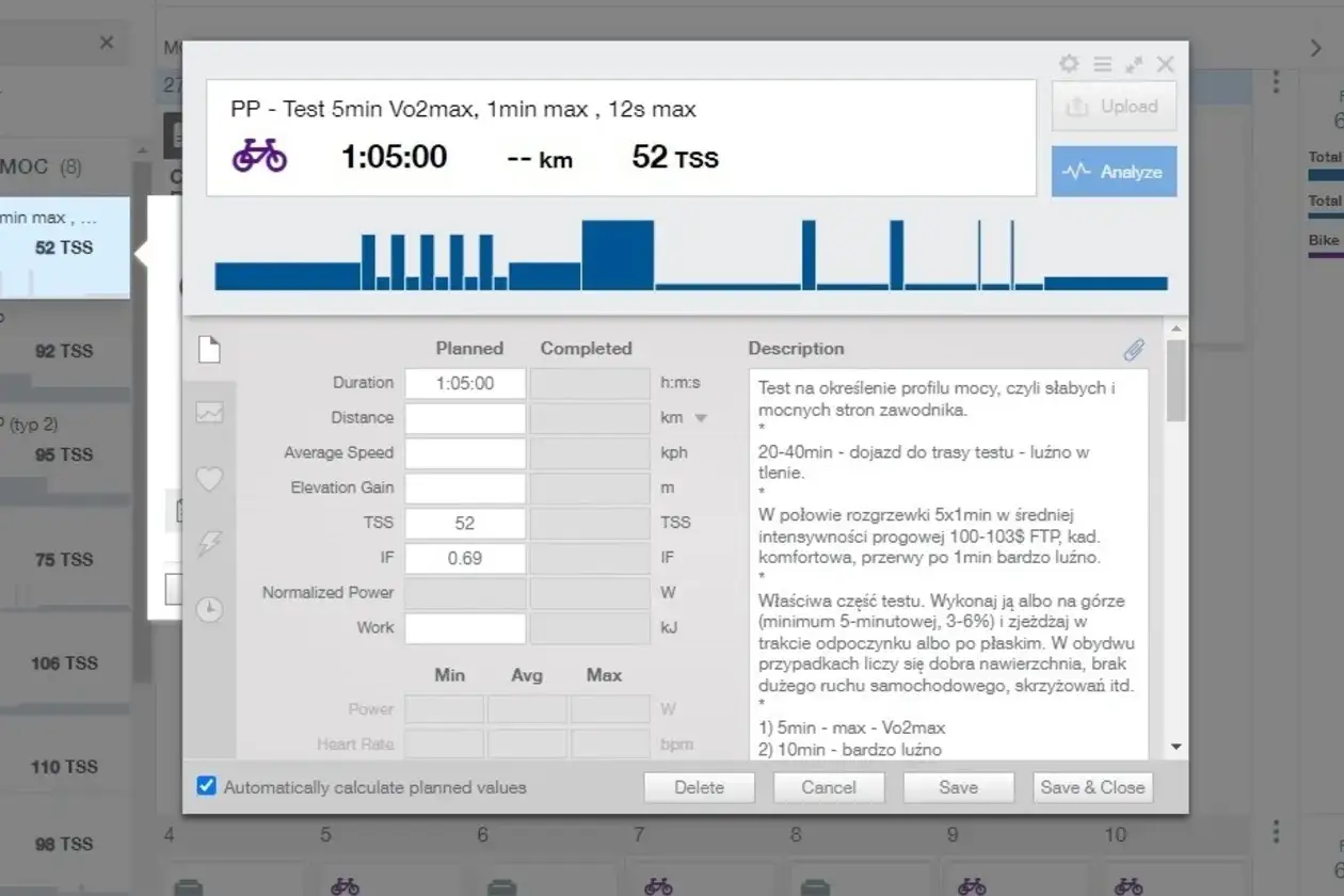 Tabela z danymi treningowymi, gdzie widoczny jest pułap tlenowy (VO2max) i TSS.