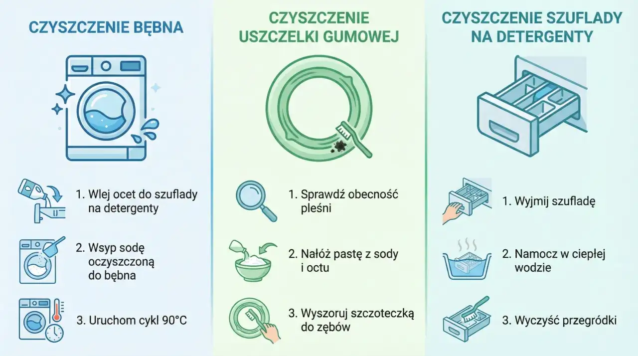 Ilustracja pokazuje, jak dbać o pralkę: czyszczenie bębna, uszczelki gumowej i szuflady na detergenty.