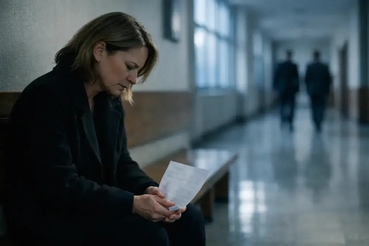 Kobieta w czarnym płaszczu siedzi na ławce w korytarzu, trzymając w dłoniach kartkę papieru.