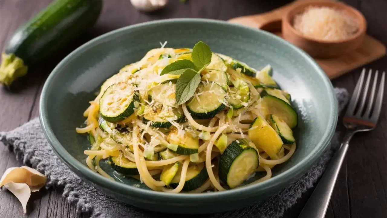 Pyszny makaron z cukinią, posypany parmezanem i udekorowany listkami mięty.