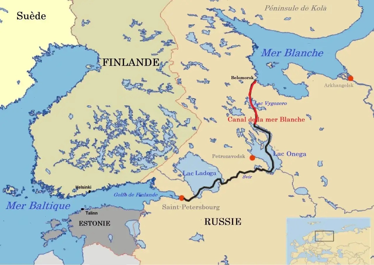 Mapa północno-wschodniej Europy z zaznaczonymi Finlandią, Estonią, Rosją, Morzem Bałtyckim i Morzem Białym. Widoczny Kanał Morza Białego.