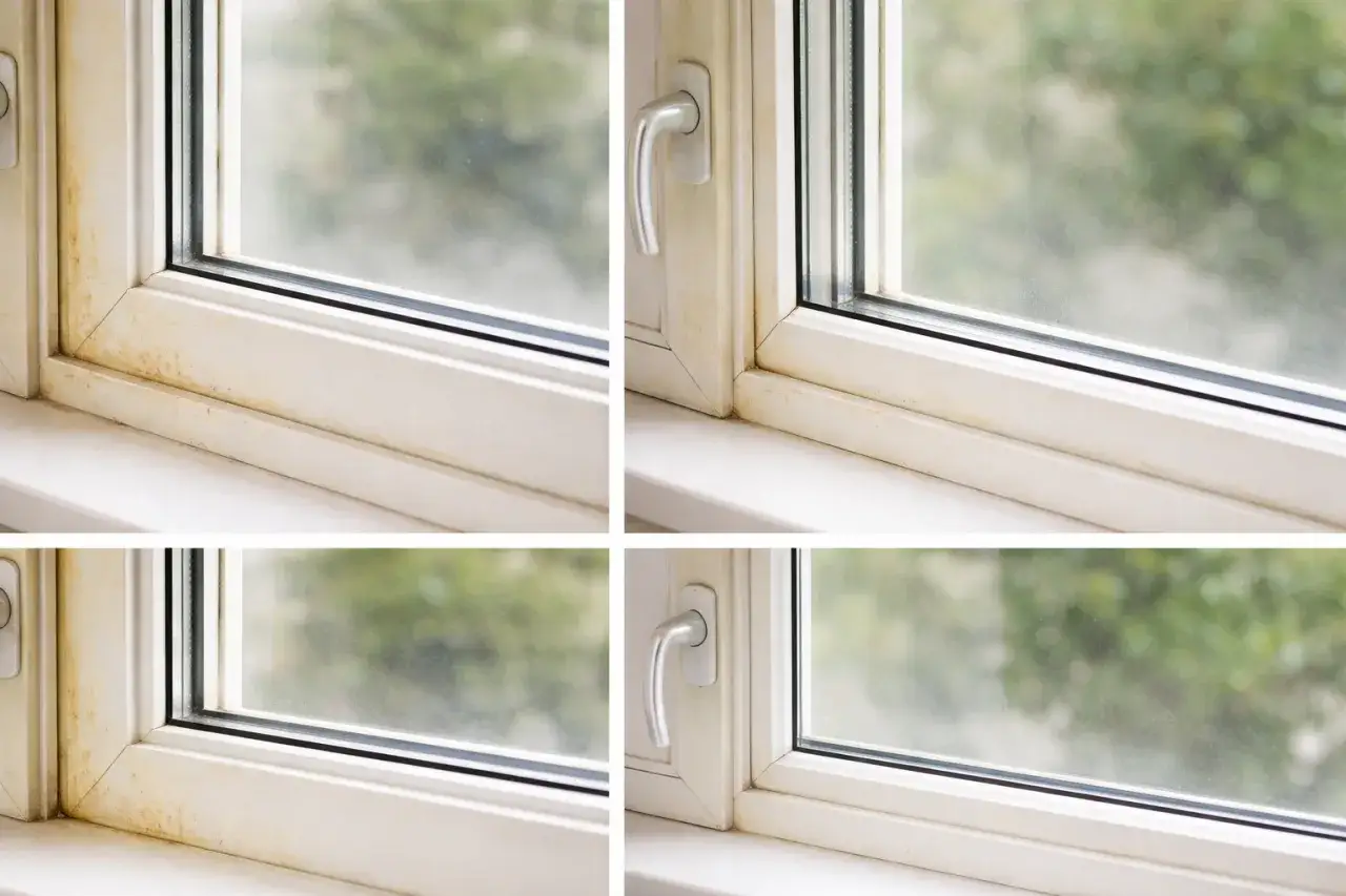 Cztery ujęcia białych okien plastikowych, dwa z widocznymi zabrudzeniami, dwa czyste.
