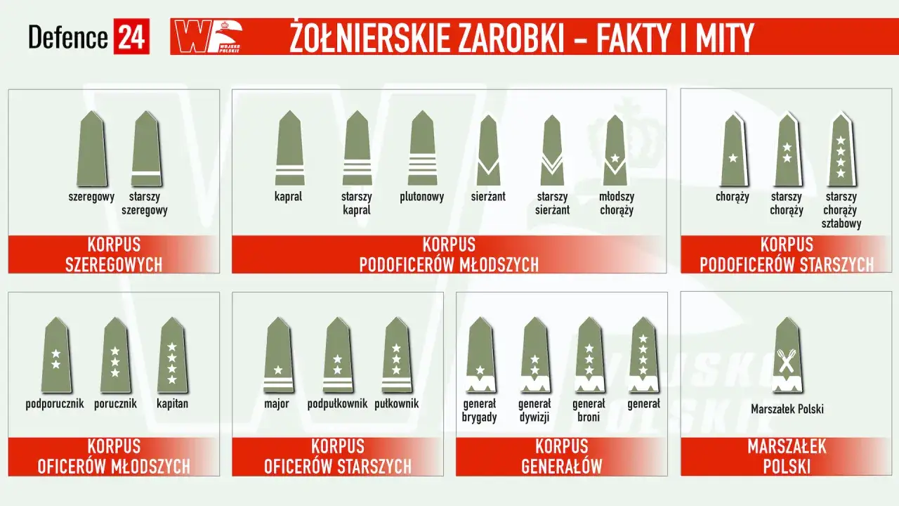 Grafika przedstawia stopnie wojskowe od szeregowego do Marszałka Polski z ich oznaczeniami.