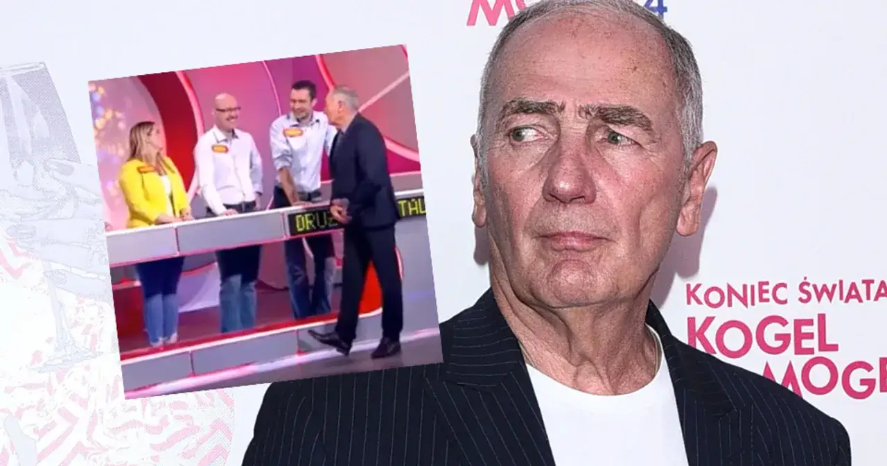 Na scenie Familiady, gdzie widać uczestników i prowadzącego, obok twarzy prezentera.